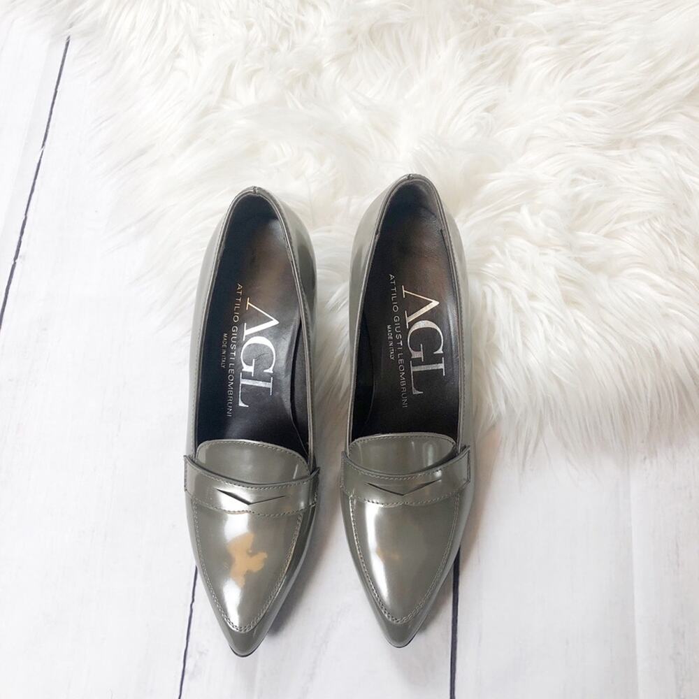 🆕 AGL Women's Gray Pointed Toe Heeled Patent Leather Slip On Pumps Pewter